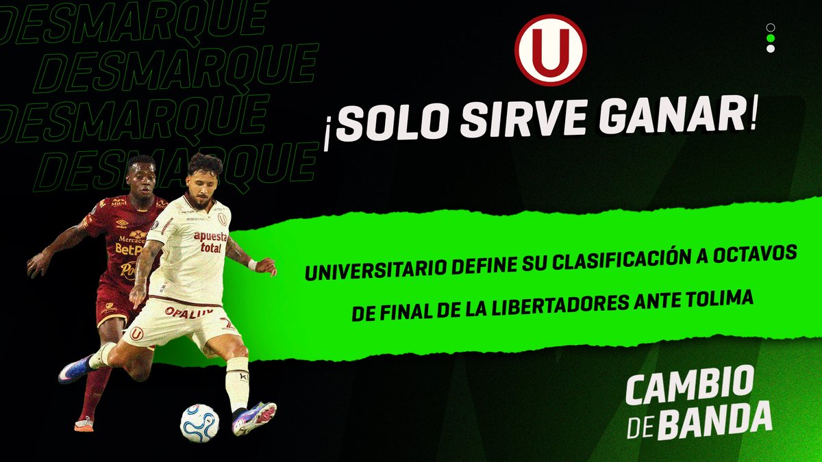 DesmarqueX's tweet photo. Ya estamos EN VIVO junto a @adictoalatrama para un nuevo Cambio de Banda:

Hoy toda la previa del Universitario vs Deportes Tolima que define la clasificación a Octavos de Final de la Copa Libertadores.

¡Súmate a la transmisión!🫡

https://t.co/x4MTgBrh0m https://t.co/XtwJhgm9Gm