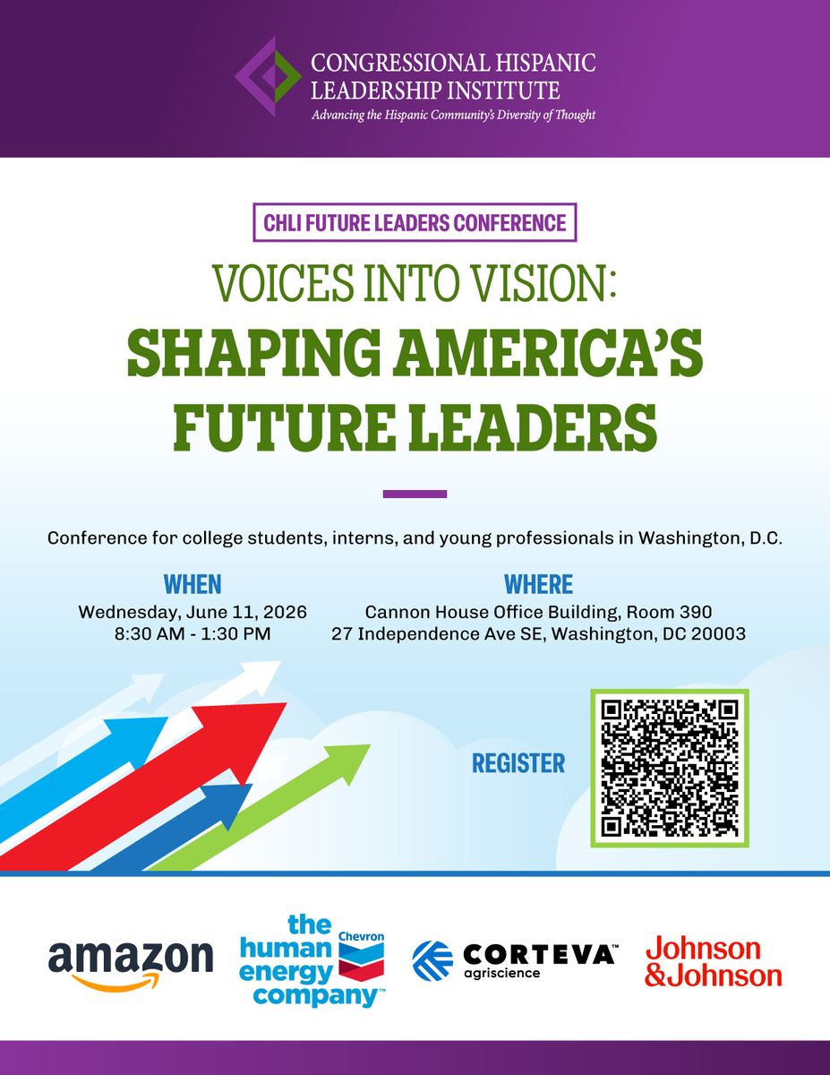 TheCHLI's tweet photo. SAVE THE DATE: College students and interns—join CHLI’s Future Leaders Conference on June 11th on Capitol Hill for leadership insights, internship tips, and career pathways in Congress, nonprofits, and the private sector.

🔗: https://t.co/VzRNge9zmJ https://t.co/4lkqHix3j0