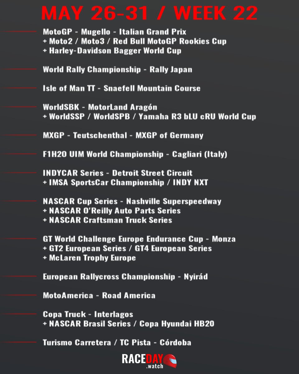racedaywatch's tweet photo. Weekly Preview in Motorsports - Week 22 on RaceDay!

🇮🇹#MotoGP #ItalianGP
🇯🇵#WRC #RallyJapan
🇮🇲#TT2026
🇪🇸#WorldSBK #AragonWorldSBK
🇩🇪#MXGP
🇮🇹#F1H2O
🇺🇸#INDYCAR
🇺🇸#NASCAR
🇮🇹#GTWorld #GT2Europe #GT4Europe
🇭🇺#FIARallycross #EuroRX
🇺🇸#MotoAmerica
🇧🇷#CopaTruck #NASCARBrazil
🇦🇷#ACTC https://t.co/D9ssRxTtqy