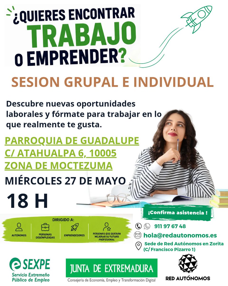 RedAutonomosExt's tweet photo. 🚀 ¿Necesitas impulsar tu proyecto, mejorar tu formación o encontrar nuevas oportunidades laborales? 🤔
🗓️ Miércoles 27 de mayo de 2026
⌚ 18 h
📍 Parroquia de Guadalupe, C/ Atahualpa 6 #Caceres
👉 ¡Plazas limitadas! Inscríbete ahora:
🔗 https://t.co/ng0a9Ki7Sn https://t.co/b2LEUeKB9N