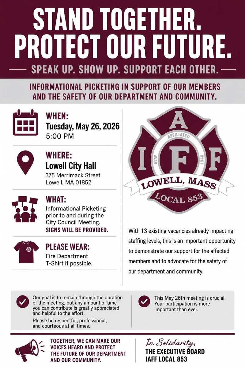 massaflcio's tweet photo. Please join us in support of Lowell Fire Fighters Local 853, IAFF, at an informational picket in support of its members and the safety of the department and the Lowell community, tonight, May 26, 2026, at 5:00 PM at Lowell City Hall, 375 Merrimack Street, Lowell, MA 01852. https://t.co/VWJuO01N3Z