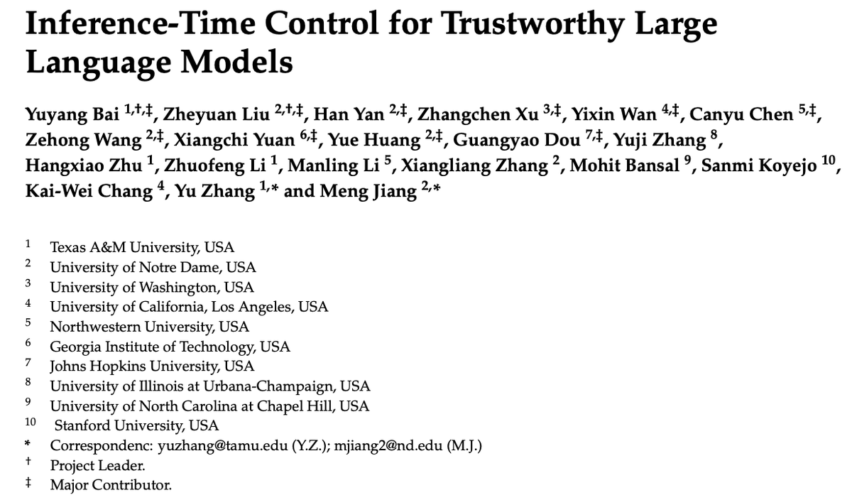 YuyangBai02's tweet photo. 🔥 New survey: Inference-Time Control for Trustworthy LLMs. 

Once a model ships, training-time alignment can't keep up. Inference-time control is how we patch the gap.

🚀 We collected 200+ papers (2020–2026) and built the first pipeline-grounded taxonomy that unifies seven method families: context engineering, guardrails, decoding, representation engineering, unlearning, pruning, and multi-agent orchestration.

📄 Paper: https://t.co/mf8VZoBGzn

Existing surveys cut the field by harm type or by one method family. We treat inference-time interventions as a unified control plane over the generation pipeline.

💡 The Framework: Three tiers, by where the intervention happens. 
🛡️ External: around the model (prompts, guardrails, decoding) 
🧠 Internal: inside the model (steering, unlearning, pruning) 
🤝 System-level: across models (debate, verification)

📊 The Coverage:
🔍 200+ papers indexed (2020 → 2026) 
🧠 7 method categories, one pipeline-grounded map 
📈 4 trustworthy dimensions ✕ 5 evaluation axes = a meta-axis grid

🗂️ Repo (live, 200+ papers indexed):
https://t.co/pGTiZ0K8hv
🌐 Website: https://t.co/YxhIhpidOl

👇 Full thread below.