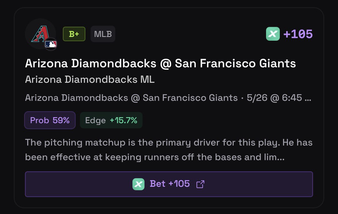 monsterdotbet's tweet photo. MLB Play ⚾️

Dbacks moneyline 

The sportsbooks are high on something with the Dbacks as an underdog here😭

❤️ if you’re tailing https://t.co/CrOEDeqNlR