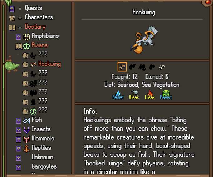 AlchemicBeasts's tweet photo. Welcome to Dex Entries! A new creature will be viewed and cataloged by the Alchemist Mioni to give as much information as possible on the beast! Starting with the first! Meet…Hookwing!
#IndieGame #RPG #GameDev #pixelart https://t.co/G9AxNVXzpL