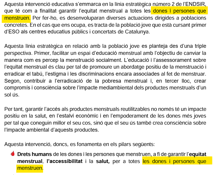 DoFemCo's tweet photo. 🧵1/2
Hoy, desde @DoFemCo, en el marco de la Semana Internacional por la #SaludeHigieneMenstrual, abordamos la guía de intervención educativa La meva regla, les meves regles incluida en el programa #Coeducat, y nos preguntamos:
⁉️¿Cómo es que, en una guía de 41 páginas sobre la menstruación, un proceso biológico exclusivo de niñas y mujeres, las palabras "noia/noies" o dona/dones apenas aparecen ( 14 entradas) y cuando lo hacen, van con el añadido: "i persones que menstruen"?
⁉️¿Por qué, en su lugar, "persona/persones tiene 51 entradas?
⁉️¿Acaso el Institut Català de les Dones se plantea también renombrarse como Institut Català de les Dones i persones menstruants?
👉Exigimos a las instituciones que se atengan a la nomenclatura de mujer según la Ley Orgánica 1/2023, de 28 de febrero de Salud Sexual y Reproductiva y de la interrupción voluntaria del embarazo, la cual, aunque incluye aplicarse a las personas trans con capacidad de gestar, (Art.3 punto 2) habla exclusivamente de mujeres, niñas y adolescentes, sin ninguna otra nomenclatura.
Link a la guía♾https://t.co/PzZoFXTtTL
@icdones @gencat @educaciocat