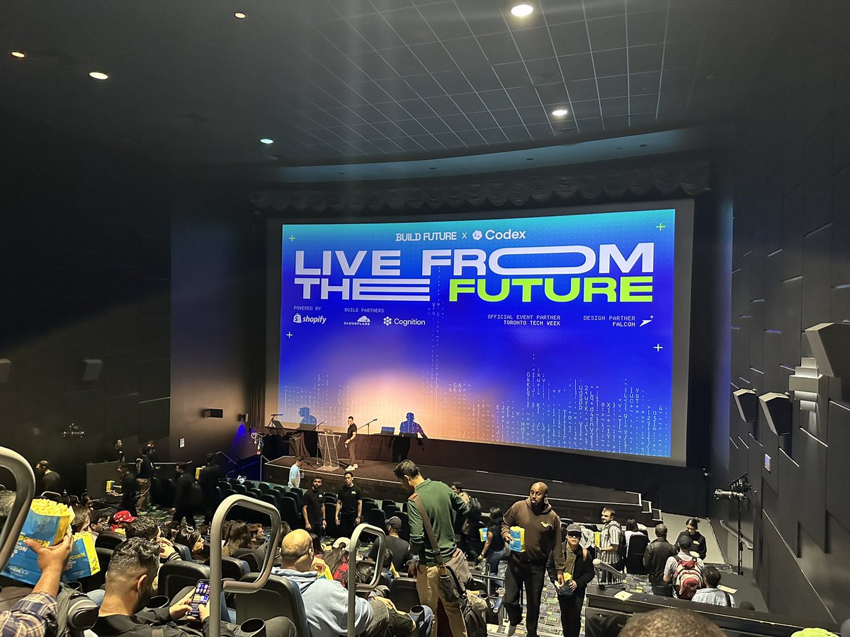 robjama's tweet photo. we took over a movie theatre last night for live ai demos at Toronto Tech Week.

the demand for @buildfutureto events got to the point where we needed scotiabank theatre to hold everyone (still had 1,000+ on the waitlist)

shoutout to @OpenAI, @shopify, @cloudflare, @cognition and @falcon_ide for helping us make it happen!

scotiabank arena up next!
