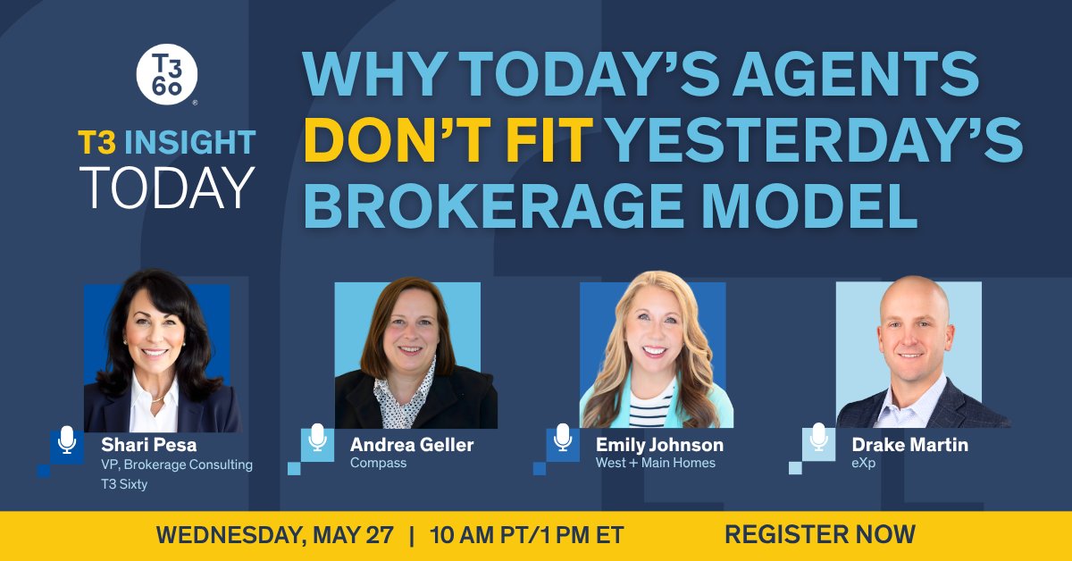 t3sixty's tweet photo. Are you giving agents a reason to stay?
Don't miss tomorrow's episode of T3 Insight Today, where Shari Pesa, Andrea Geller, Emily Johnson and Drake Martin tackle how to evolve your model for today's agent. 

TOMORROW Wednesday, May 27, 10 AM PT/1 PM ET
Secure your spot: https://t.co/lWBBBl1eyE