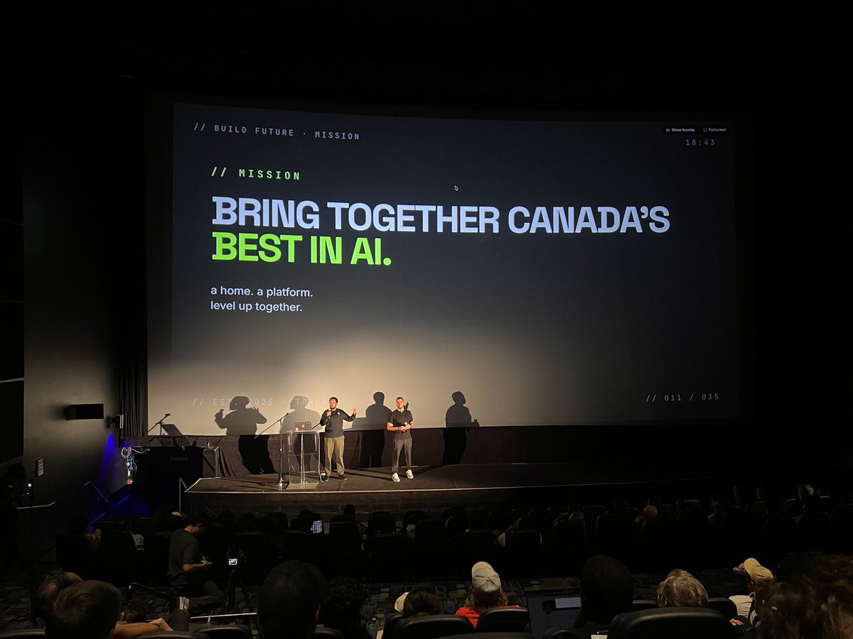 robjama's tweet photo. we took over a movie theatre last night for live ai demos at Toronto Tech Week.

the demand for @buildfutureto events got to the point where we needed scotiabank theatre to hold everyone (still had 1,000+ on the waitlist)

shoutout to @OpenAI, @shopify, @cloudflare, @cognition and @falcon_ide for helping us make it happen!

scotiabank arena up next!