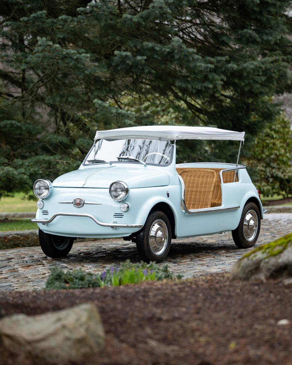 SothebysMS's tweet photo. The Fiat 500 Jolly may be the most charming collector car ever built.

Originally designed by Ghia as a yacht tender for Europe’s elite, this fully restored 1960 example pairs wicker seats, open-air coachwork, and unmistakable Italian style with incredible rarity.

This rare factory-built example is up for auction and closing on Wed, May 27th 

More: https://t.co/sCzsMKvYqe

#SOMO #FiatJolly #Fiat500 #Ghia #SothebysMotorsport
