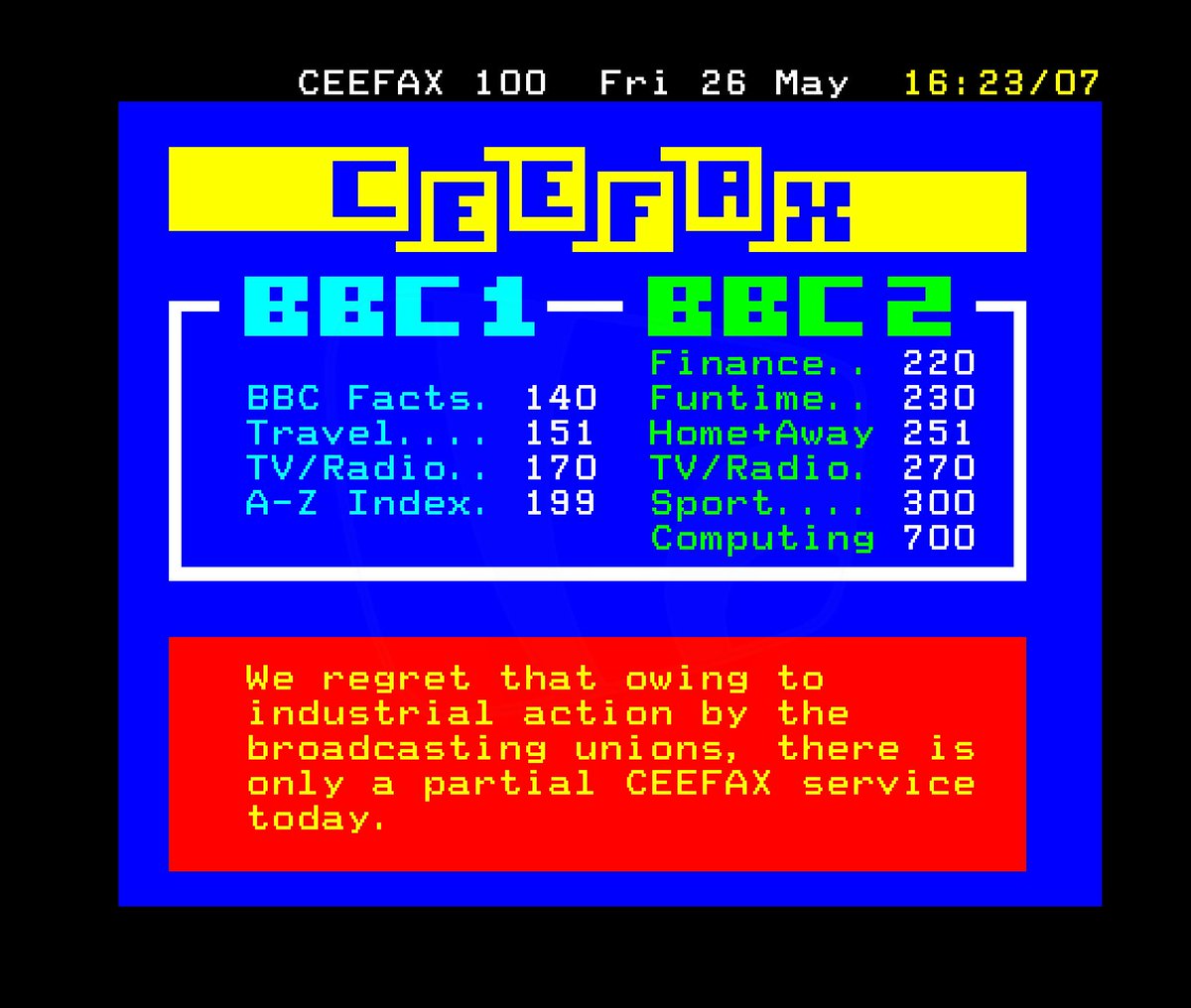thetvroom's tweet photo. 🟩 CEEFAX | On This Day 1989 | Industrial action by broadcasting unions disrupts BBC TV and radio schedules, and Ceefax.

>> ARTICLE: https://t.co/pcrBtcqinl https://t.co/N8EalmphOJ