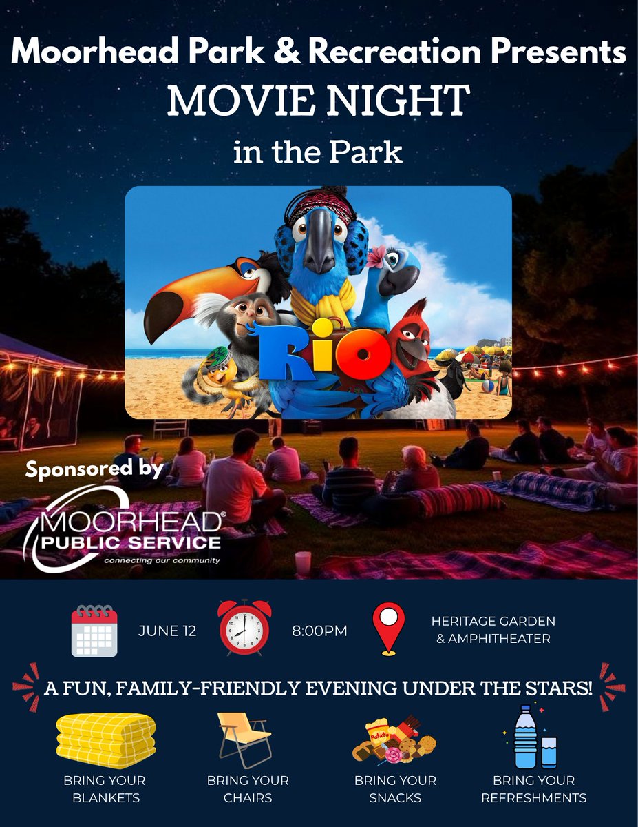 mpsutility's tweet photo. 🎬🍿 MPS has partnered with Moorhead Parks &amp; Rec to sponsor a Movie Night in the Park featuring "Rio"! Bring your blankets, lawn chairs, favorite snacks, &amp; beverages (non-alcoholic), then sit back, get comfortable, &amp; enjoy the show with family, friends &amp; neighbors! ✨🌙 https://t.co/xvsCAOjfS9