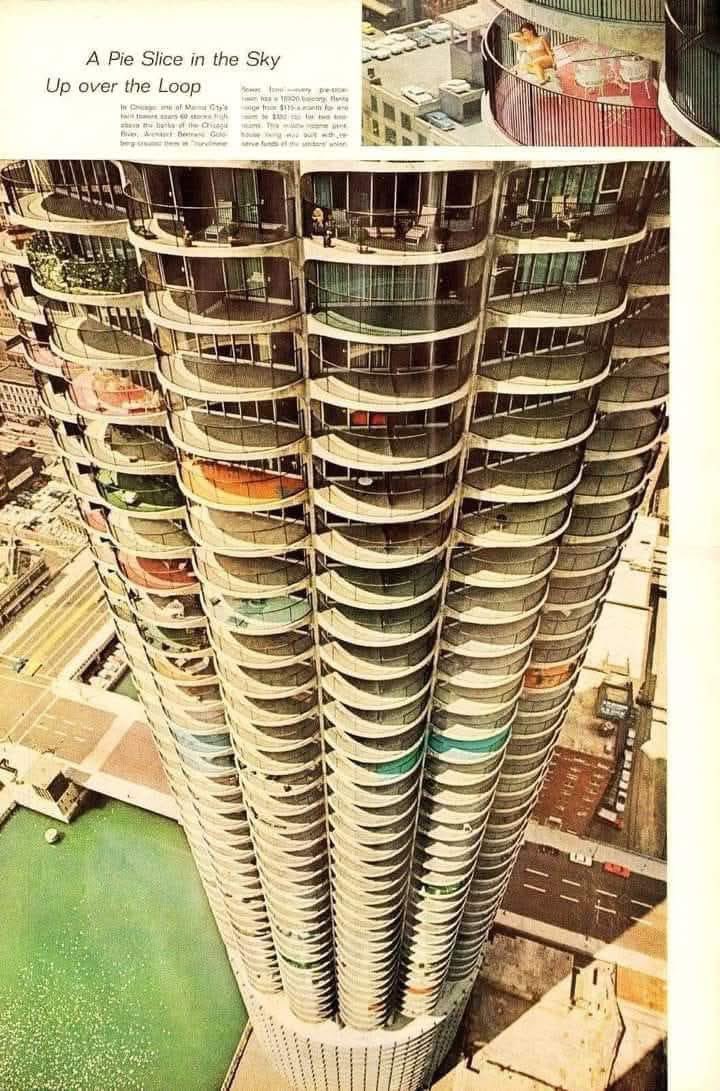 Chicago_History's tweet photo. LIFE magazine from 1964. Rent at Marina City for a one bedroom apartment was only $115 a month, now it's $2100! The apartments are unique in containing almost no interior right angles. On each residential floor, a circular hallway surrounds the elevator core, which is 32 feet (10 m) in diameter, with 16 pie-shaped wedges arrayed around the hallway. These are truly some of the coolest, funkiest, most future-forward residential skyscrapers anywhere in the world.

#ChicagoHistory ☑️