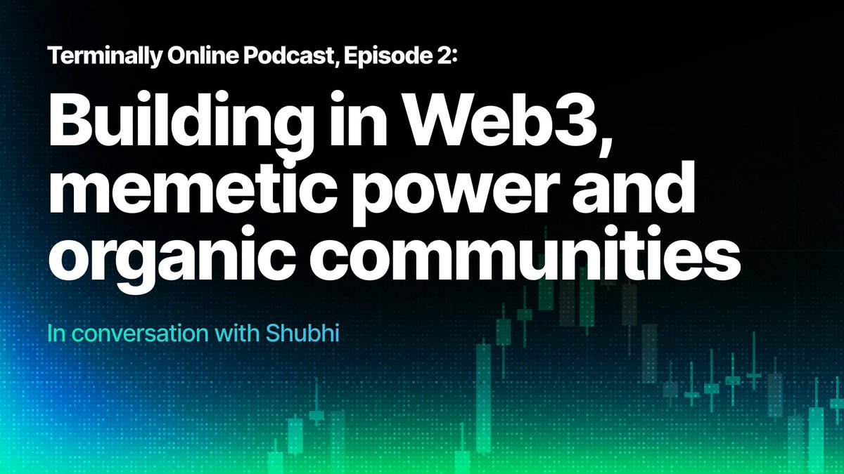 letsCatapult's tweet photo. The 2nd episode of the Terminally Online Podcast, sponsored by Catapult Trade, is live!

In this ep, our VP of Growth @cookie_dang sits down with @internet_shubhi, a prominent figure in Web3 growth, to talk building in Web3, memetic power, and organic communities.

Hear about her personal experience in community building, where the market stands today, and how she carved her path in the space.

Watch the episode: https://t.co/ZjHrvQ0FIe