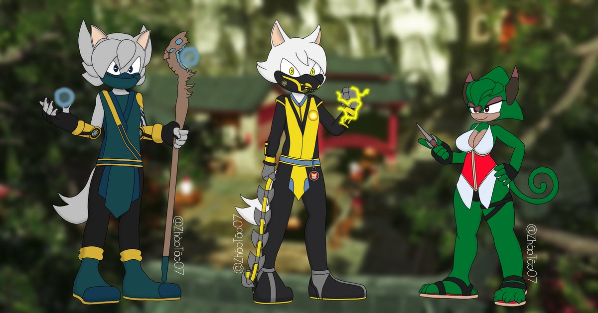 ZhaoTao07's tweet photo. 🇬🇧: Kai and Ikki are brothers, members of an ancient ninja clan that was wiped out, and they managed to avenge the deaths of their parents and friends, and Cleo along with other allies will help them on their journey.

#sonicoc #mobianoc #wolf #ninja #chameleon https://t.co/ilBW3EgyfZ