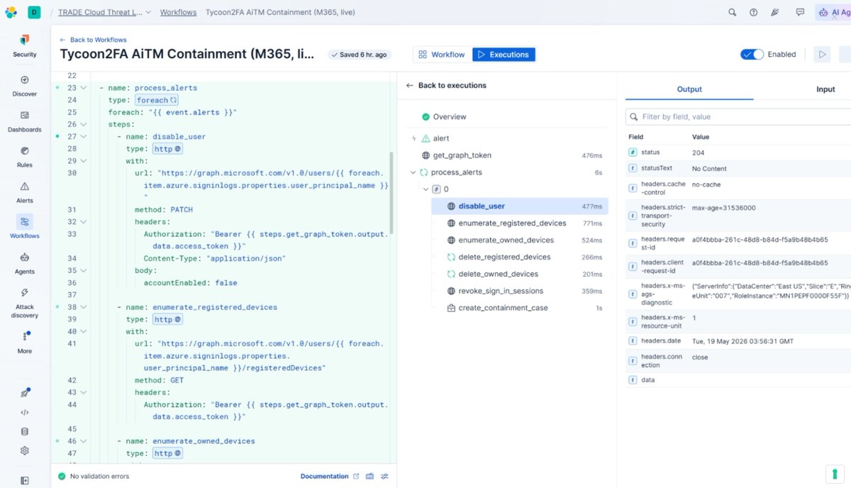 SBousseaden's tweet photo. Detecting #Tycoon2FA AiTM attacks across Entra ID and Google Workspace. We map telemetry fingerprints across both platforms, ship detection rules for both tiers, and contain incidents in under 10 seconds with Elastic Workflows.

https://t.co/mSxH6m0bGB https://t.co/EjprUW30gI