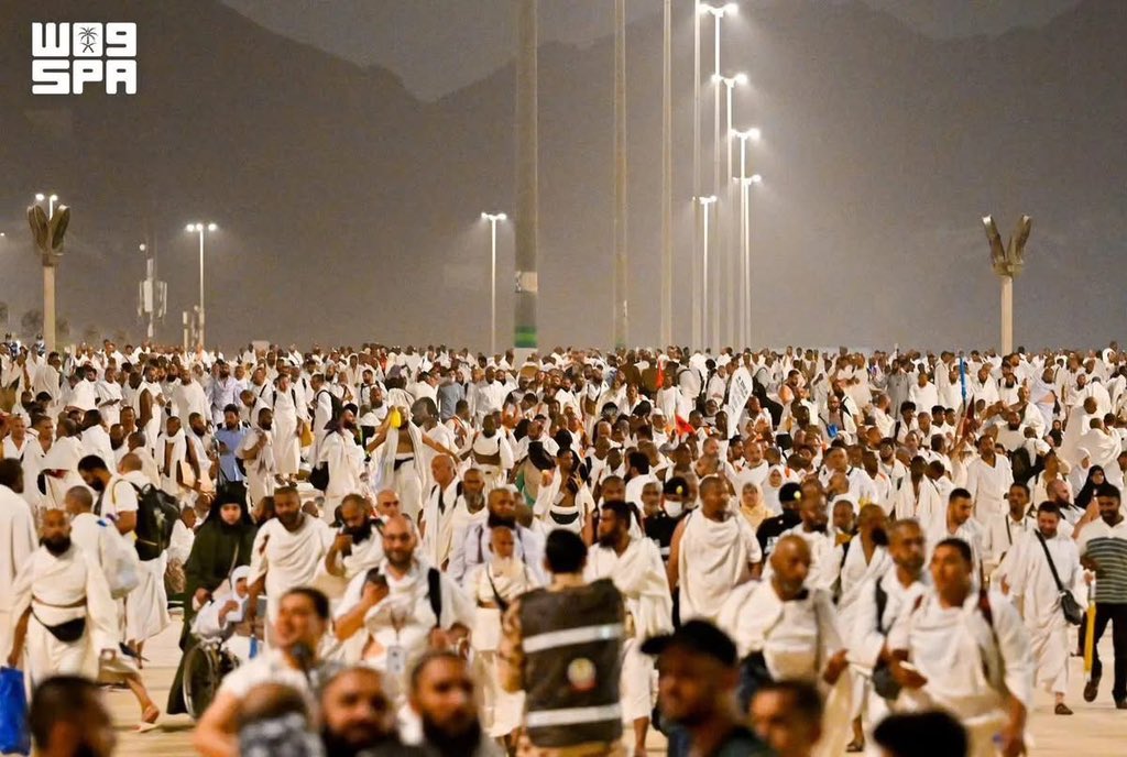 BashirAhmaad's tweet photo. Following the successful day at Arafah, the peak and most significant rite of Hajj, millions of pilgrims have moved to Muzdalifah, where they will spend the night in prayers, supplications and remembrance of Allah. At Muzdalifah, pilgrims rest under the open sky and gather pebbles that will be used for the symbolic stoning of the Jamarat.

May Allah accept the Hajj of all pilgrims, grant them safe completion of the sacred rites and return them home in peace with renewed faith and blessings.