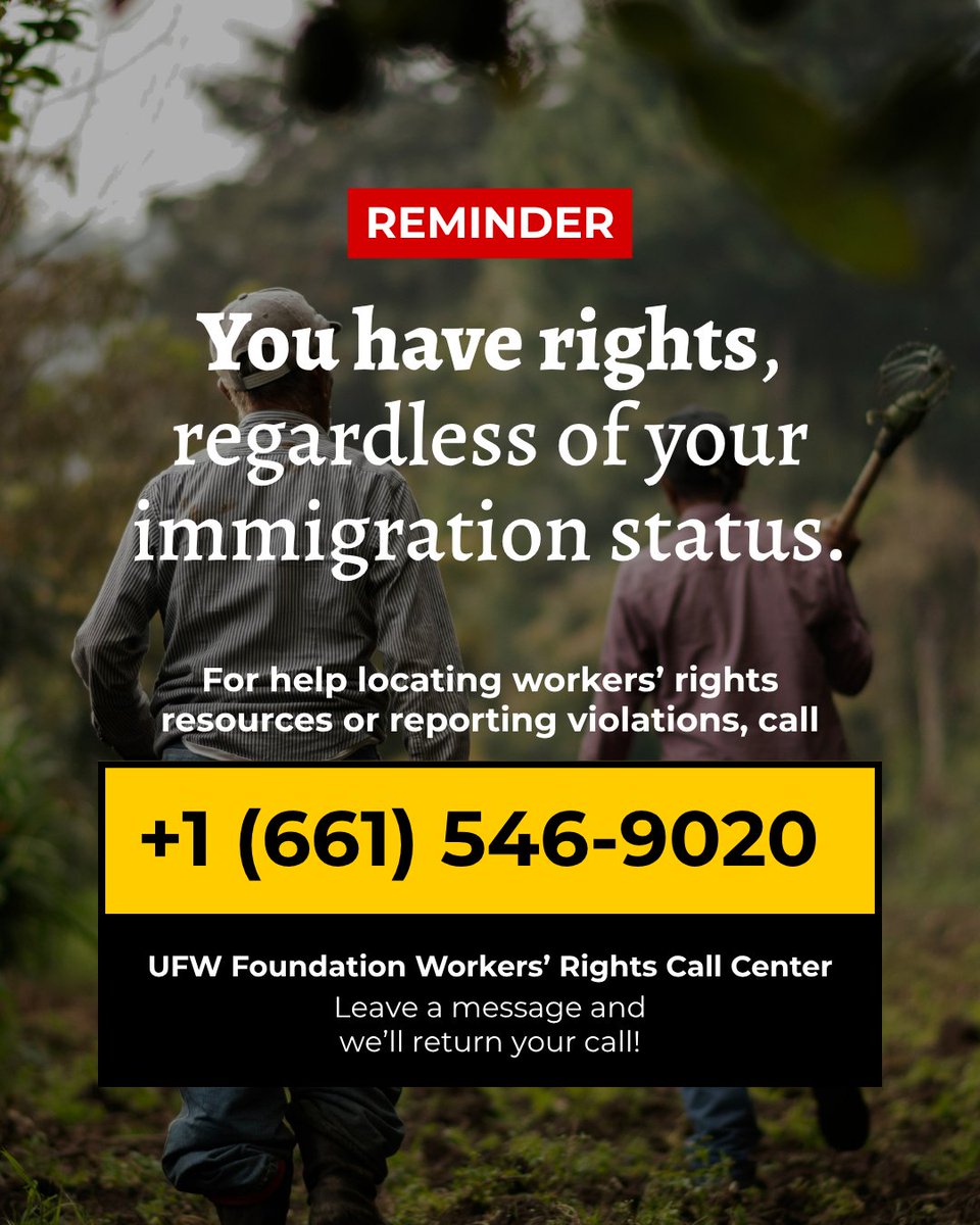 ufwfoundation's tweet photo. You have rights, regardless of your immigration status. For help locating workers’ rights resources or reporting violations, contact our Workers’ Rights Call Center at +1 (661) 546-9020. Leave a message and we’ll return your call! https://t.co/T6YjeqD9Xl