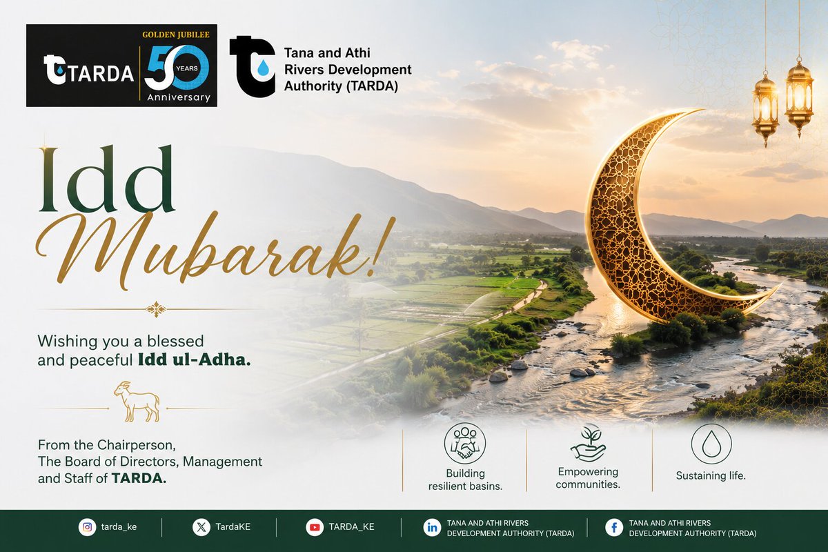 TardaKE's tweet photo. As we celebrate #IddUlAdha, @TardaKE extends warm wishes of peace, unity, and blessings to our Muslim Brothers and Sisters and all Kenyans๐โจ
May this season inspire compassion and hope as we continue #buildingresilientbasins, #empoweringcommunities, and #sustaininglife. https://t.co/vOGdQwNBqf