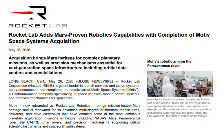 SpaceInvestor_D's tweet photo. $RKLB: Rocket Lab today announced it has completed the acquisition of Motiv Space Systems (“Motiv”), a California-based company specializing in space robotics, motion control systems, and precision mechanisms for spacecraft.

Motiv, now rebranded as Rocket Lab Robotics, brings mission-tested Mars heritage and is renowned for its advanced multi-degree of freedom robotic arms, actuators, and drive electronics that have enabled some of the most ambitious planetary exploration missions in history, including NASA's Mars Perseverance rover, the CADRE lunar rovers, and precision mechanisms supporting critical scientific instruments and spacecraft subsystems.
