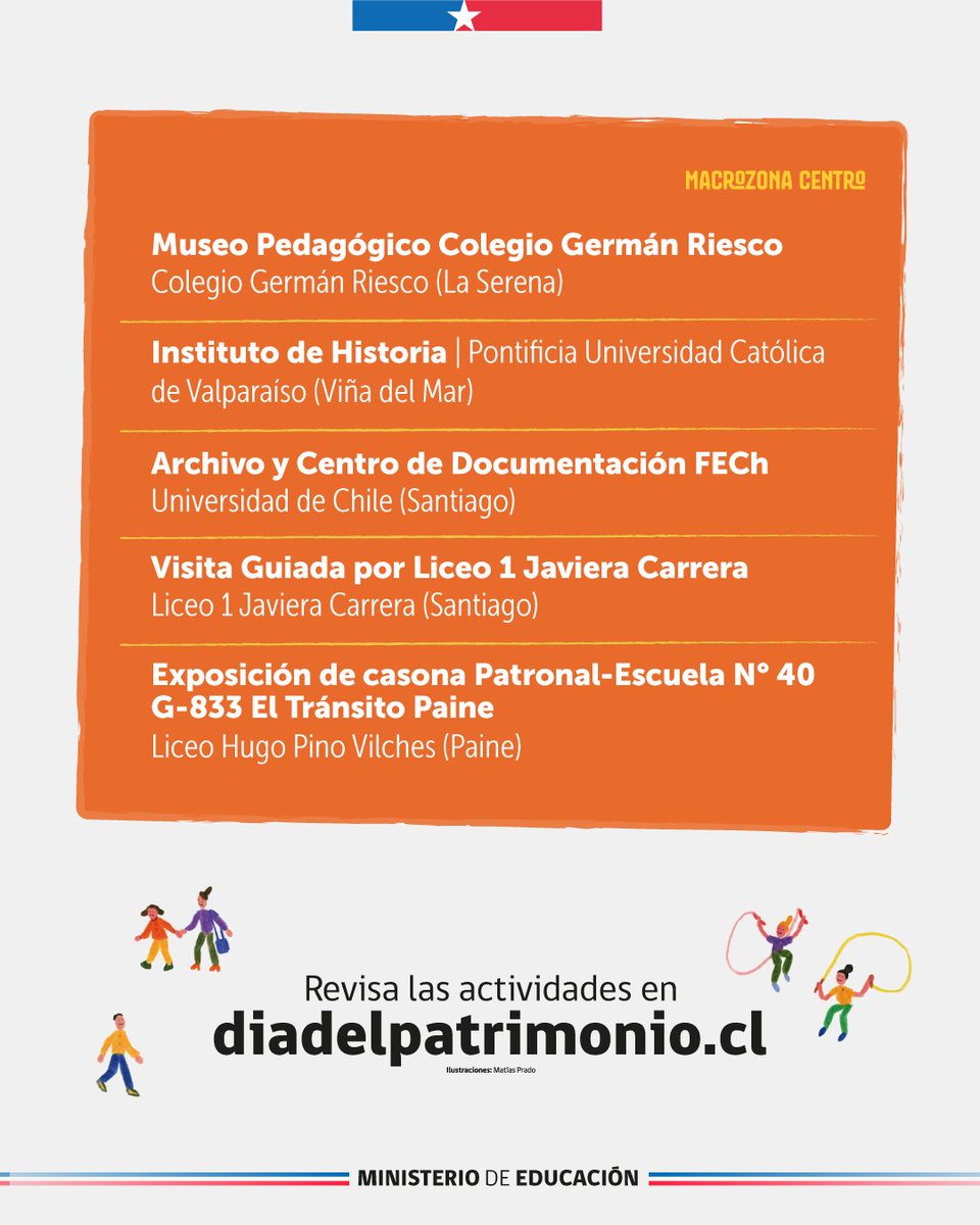 Mineduc's tweet photo. 🏛️✨ ¡Celebremos el Día del Patrimonio Cultural 2026!

Este sábado 30 y domingo 31 de mayo, decenas de escuelas e instituciones de Educación Superior abrirán sus puertas a toda la ciudadanía.

💡Encuentra más actividades en https://t.co/pEHtHO8a8b https://t.co/roljXdH7po