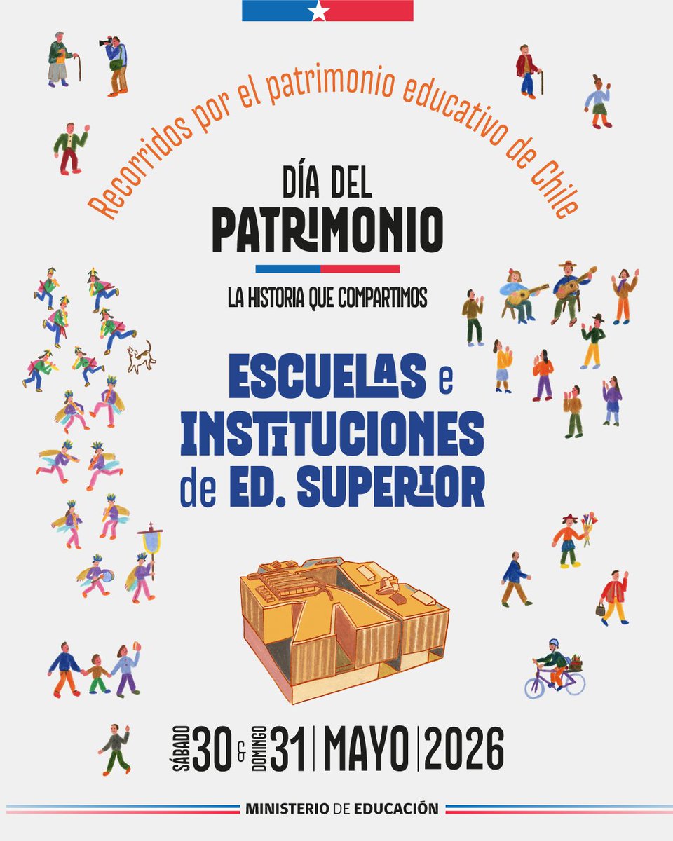 Mineduc's tweet photo. 🏛️✨ ¡Celebremos el Día del Patrimonio Cultural 2026!

Este sábado 30 y domingo 31 de mayo, decenas de escuelas e instituciones de Educación Superior abrirán sus puertas a toda la ciudadanía.

💡Encuentra más actividades en https://t.co/pEHtHO8a8b https://t.co/roljXdH7po