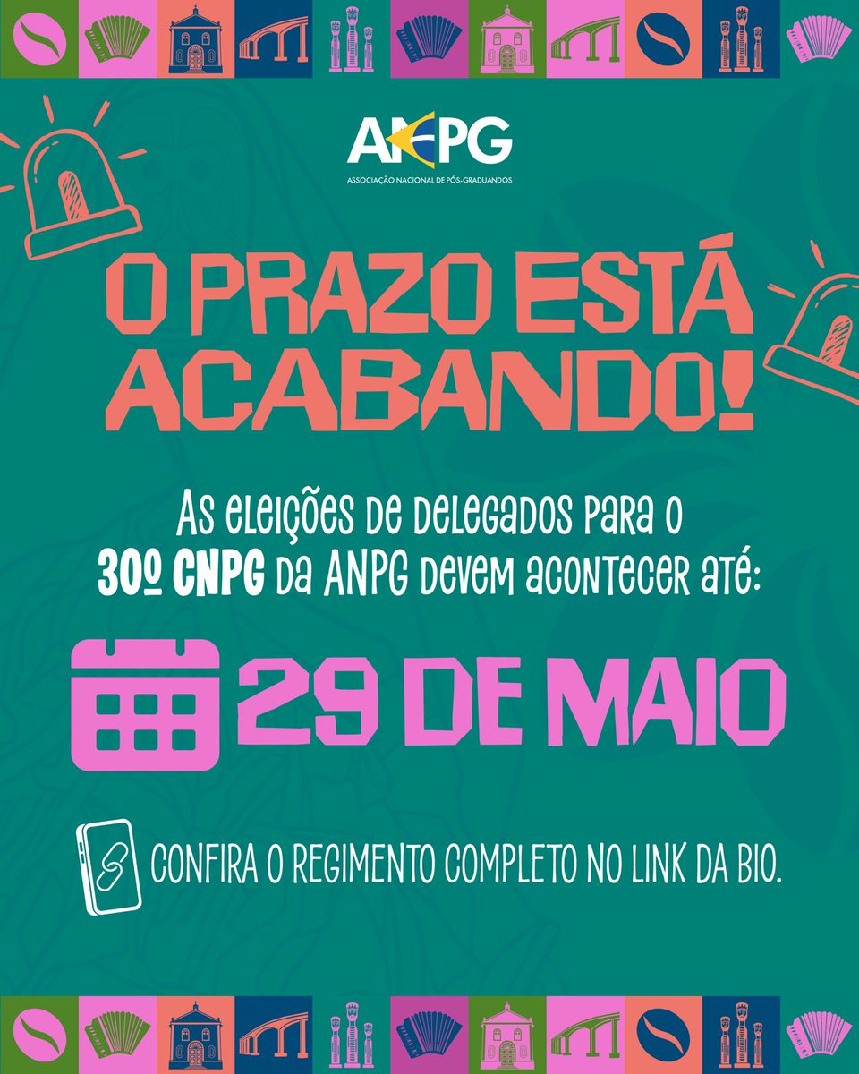 anpg's tweet photo. ⏰ Atenção, pós-graduandas e pós-graduandos!

O prazo para realizar as eleições de delegadas e delegados rumo ao 30º Congresso Nacional de Pós-Graduandos da ANPG está chegando ao fim!

📅 As eleições devem acontecer até o dia 29 de maio.

Esse é o momento de mobilizar sua APG, organizar o processo eleitoral e garantir a representação da sua instituição no maior espaço de debate e construção da pós-graduação brasileira.

✊🏽 Vamos fortalecer a participação e construir juntos os próximos passos da nossa luta!

📲 Confira o regimento completo no link da bio. 

#30CNPG #ANPG #PósGraduação #Ciência #Educação