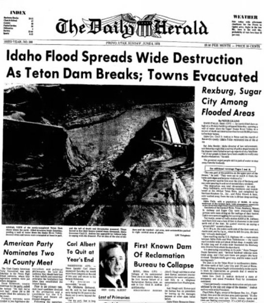 weather_history's tweet photo. June 5, 1976:

The Teton Dam in Southeast Idaho failed. A surge of over 2 million cubic ft/sec of water surged through the Teton Canyon and onto the Snake River Plain. Several towns were inundated, with thousands of buildings being destroyed. 11 people were killed.

#wxhistory https://t.co/dTdoI8izcV