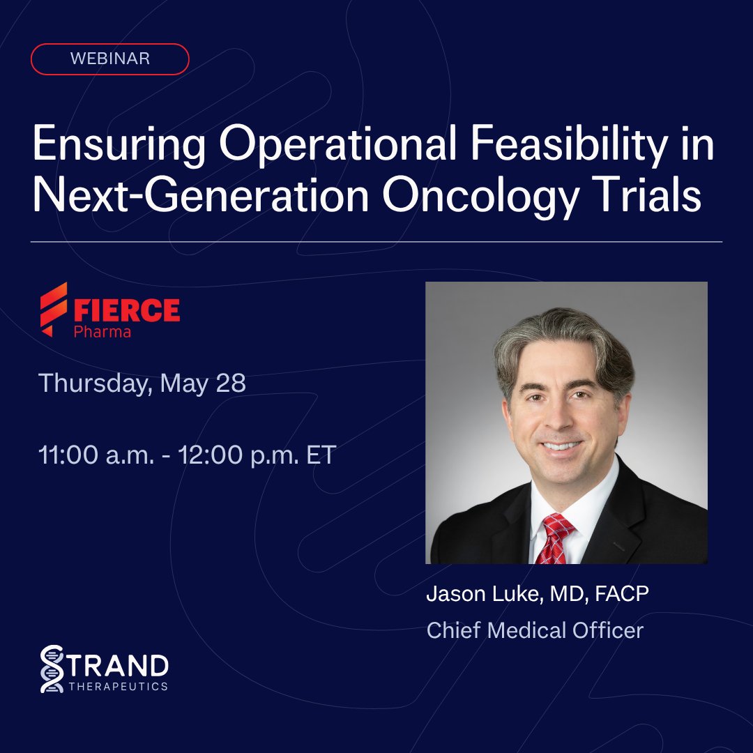 StrandTx's tweet photo. Thursday morning, our Chief Medical Officer @jasonlukemd joins leaders from @IN8bio, @MedicalCollege, and @advarra for a @FiercePharma webinar on translating cutting-edge oncology science into operationally executable trials.

The conversation will cover adaptive trial design, patient access, and what it actually takes to run next-generation oncology studies at scale.

🔬Don't miss it! Register at the link below.

https://t.co/r0WAyd3PrG