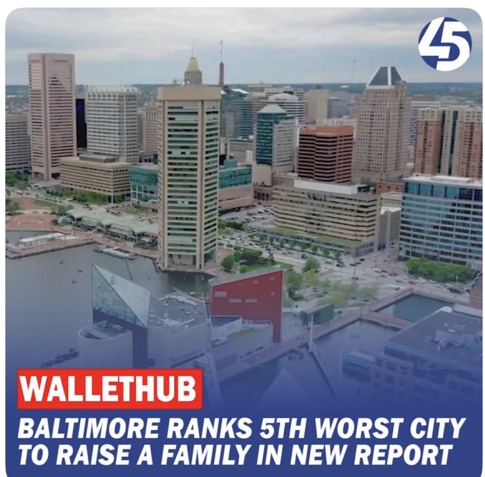 chrispapst's tweet photo. The LIST grows again: 

WalletHub ranks Baltimore as the 5th WORST city to raise a family in the U.S.
In the ranking, 182 cities were rated. Detroit was the worst. 

UPDATED LIST of what has happened to Maryland residents in 2026 (followed by 2025). 

2026:
-WalletHub ranks Baltimore as 5th worst city in U.S. to raise a family
- Maryland reissues 400,000 mail-in primary ballots after errors reported
-Declining water quality at Baltimore’s Inner Harbor becomes “growing crisis“ (Blue Water Baltimore)
-USDA plans to relocate Agricultural Research Services out of Maryland (~1,000 jobs)
-Key Bridge builder contract cancelled. No new timeline given for rebuild
-Maryland lost Preakness Stakes trademark rights to Churchill Downs
-Potomac River ranked nation’s “most endangered river” (American Rivers)
-2nd most expensive state to raise a child (lendingtree)
-Paint fee enacted/$2.25 up to 5 gallons
-Unemployment rate jumps to 4.3%
-$1.4 Billion budget defect
-Massive Sheraton Hotel closes in downtown Baltimore 
-WalletHub names Maryland 2nd worst U.S. state to start a business in 2026
-Proposed U.S. Congressional map introduced to eliminate bipartisan state representation
-High School graduation rate falls 1.2% to 86.4%, despite massive funding spike
-12,127 residents lost to domestic migration (6th most in US, per Census)
-Maryland named 6th worst state for tax competitiveness (per: Tax Foundation)

2025: 
-$3 Billion budget deficit 
-$1.6 Billion tax/fee hike
-Moody’s credit downgrade  
-vehicle emissions/registration fee spike  
-state hiring freeze/job cuts  
-soaring utility prices (highest in America according to Doxo)
-Lost IonQ’s quantum computing hub  
-Lost FBI headquarters  
-Lost Washington Commanders   
-Six Flags America closed  
-New 3% IT tax  
-Vending machine tax 6%  
-Vehicle excise tax up to 6.5%  
-$5 tire purchase fee  
-Sports betting tax hike (15% to 20%)  
-Cannabis tax increase (9% to 12%)  
-Car title fee increase ($100 to $200)  
-3.5% car rental tax 
-Fishing license increase ($25.50 to $52) 
-Boating and Title Registration Fee ($24 to $70) 
-Speed Camera Ticket increases
-Historic car registration changed from 20 years to model year 1999 or older
-Public school enrollment falls 11,322 students (1.3%)