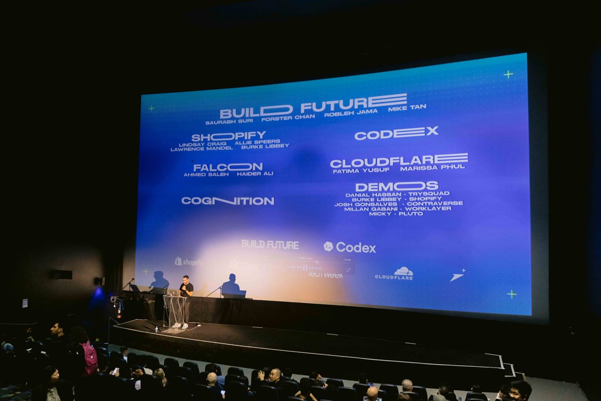 robjama's tweet photo. we took over a movie theatre last night for live ai demos at Toronto Tech Week.

the demand for @buildfutureto events got to the point where we needed scotiabank theatre to hold everyone (still had 1,000+ on the waitlist)

shoutout to @OpenAI, @shopify, @cloudflare, @cognition and @falcon_ide for helping us make it happen!

scotiabank arena up next!