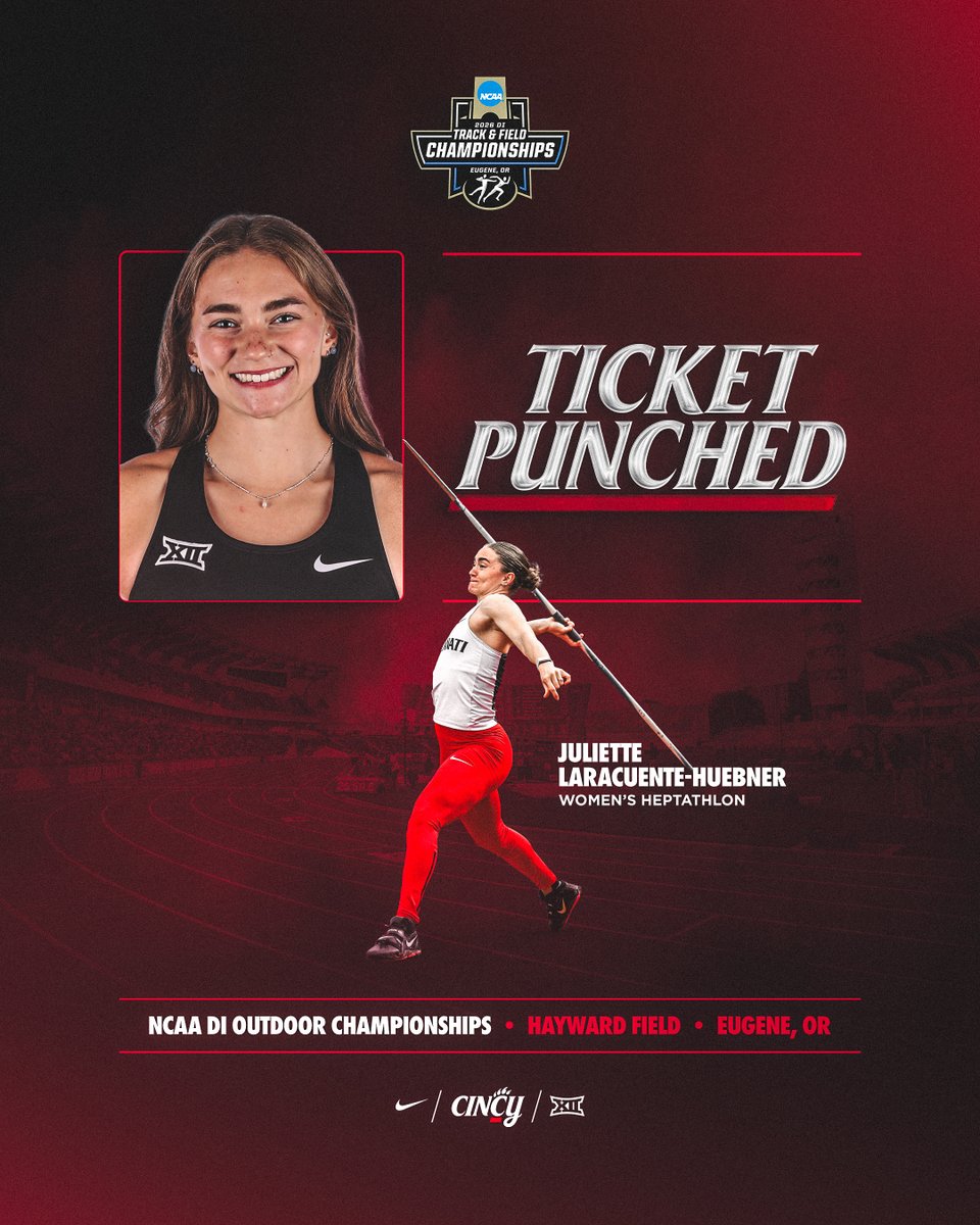 GoBearcatsTFXC's tweet photo. 𝑬𝑼𝑮𝑬𝑵𝑬 𝑩𝑶𝑼𝑵𝑫 🎟✈️

Juliette Laracuente-Huebner is headed to Oregon for the NCAA Outdoor Track and Field Championships, carrying the No. 2 heptathlon score in the nation and a school-record 6,086 points!

#Bearcats https://t.co/2uJAtZtEVZ