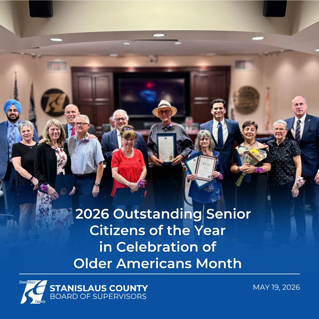 StanCounty's tweet photo. We celebrated lifetimes of achievement @ last week's Board Meeting, where we recognized our 2026 Stanislaus County Outstanding Senior Citizens of the Year for Older Americans Month. The residents from each district were honored for their contributions to our community: 🧵 https://t.co/UMVJUJVwW1