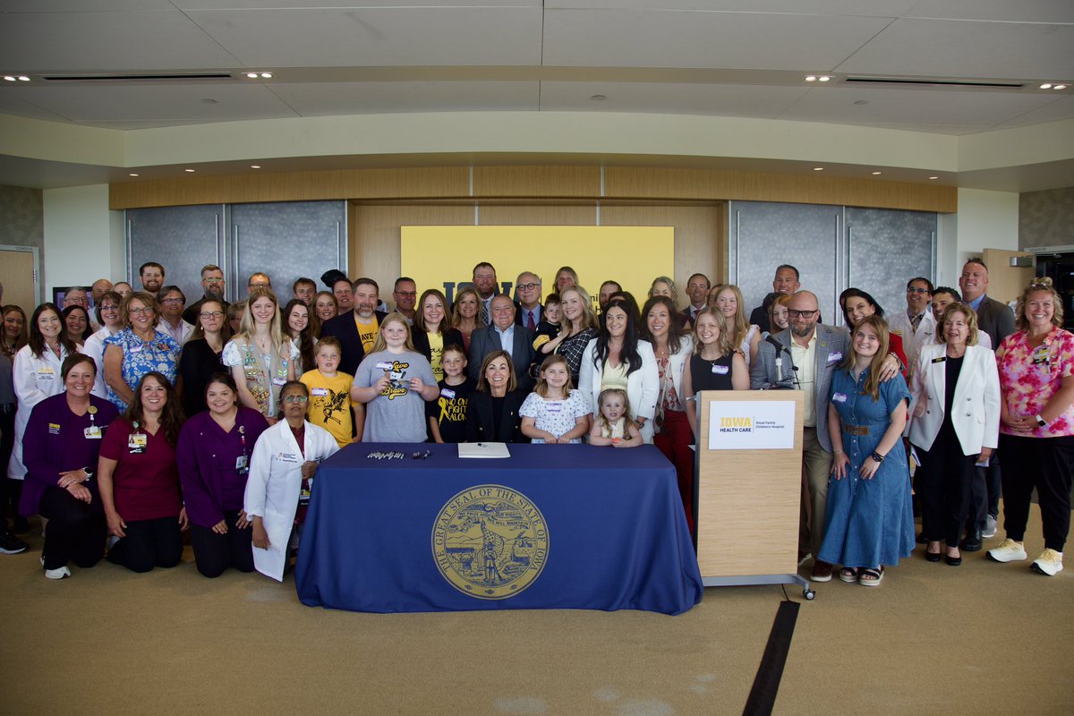 IAGovernor's tweet photo. Proud to be at @uihealthcare Stead Family Children’s Hospital today to sign legislation establishing an annual $3M investment in pediatric cancer research.

Thank you to the families who advocated tirelessly and to the legislature for their commitment to Iowa’s children and combatting cancer in all its forms.