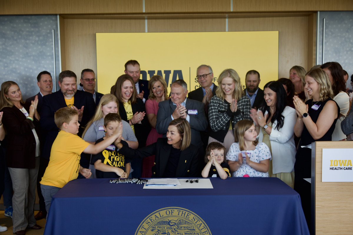 IAGovernor's tweet photo. Proud to be at @uihealthcare Stead Family Children’s Hospital today to sign legislation establishing an annual $3M investment in pediatric cancer research.

Thank you to the families who advocated tirelessly and to the legislature for their commitment to Iowa’s children and combatting cancer in all its forms.