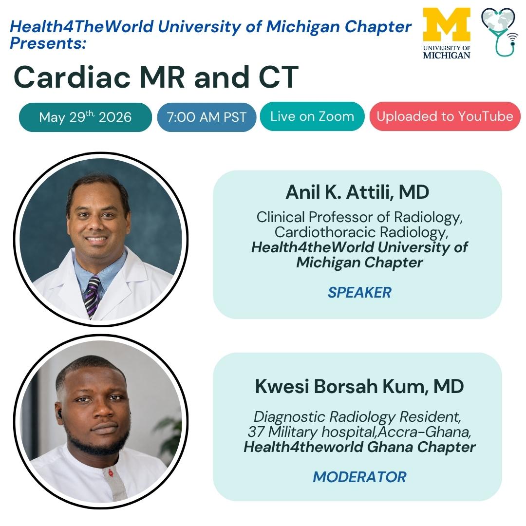 CharityH4TW's tweet photo. The #Health4theWorld@UMichRadiology

Chapter May Grand Rounds series concludes on May 29 with:  
Cardiac MR and CT: 
Speaker: Dr. Anil Attili 
7:00 AM PST Register here: https://t.co/LW1ud9zj8I 

#Radiology #GlobalHealth #MedEd #RadRes #MedTwitter https://t.co/FSn9CYrlyT
