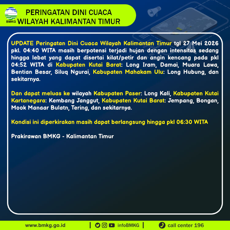 infoBMKG's tweet photo. Update Peringatan Dini Cuaca Wilayah - Kalimantan Timur Tgl. 27 Mei 2026 pkl. 04:52 WITA
Prakirawan - BMKG - Kalimantan Timur
https://t.co/A3gur0WWkC https://t.co/JdoFy88SMV