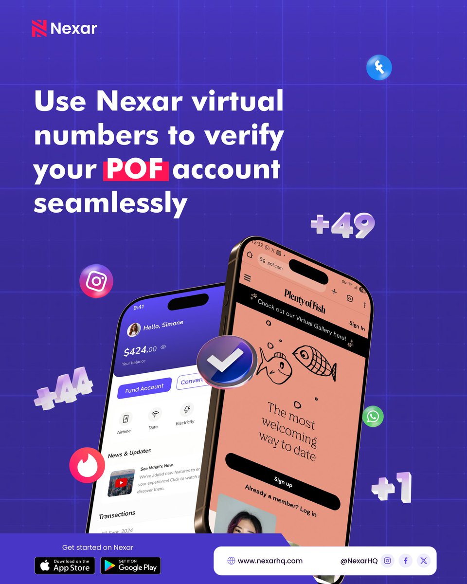 NexarHQapp's tweet photo. Don't let verification hurdles stop you from finding your match. 

Use Nexar’s virtual numbers to get your POF account verified seamlessly and securely in seconds.🎣🐟 https://t.co/Y4nh0d8yxU