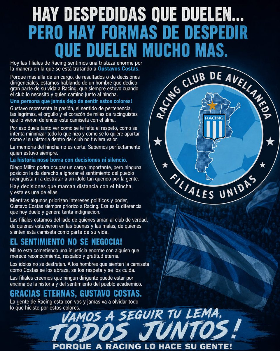 RacingClubEC's tweet photo. Compartimos lo resuelto por Filiales Unidas @FilialesRacing.

Podremos cuestionar resultados y si era reversible la situación.

Ratificamos que NO ERA LA FORMA adecuada. Gratitud infinita, querido @DTGustavoCostas

QUEREMOS SU OPINIÓN SOBRE LA SALIDA DE COSTAS.

#RacingEcuador https://t.co/xiPjvMG6Gx