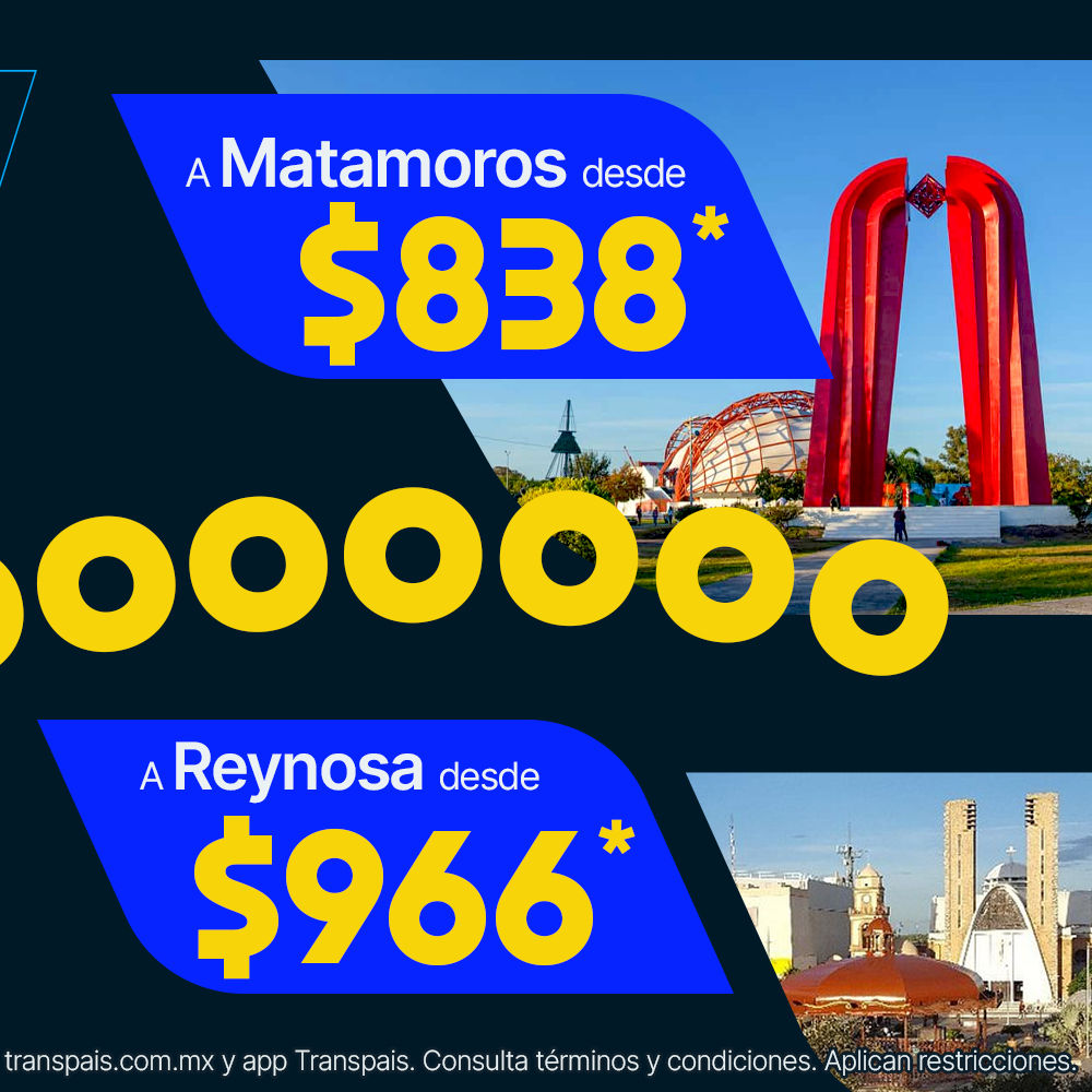 Transpais's tweet photo. ¡VÁMONOS A LA FRONTERA! ✨🏃‍♂️‍➡️

👉🏻 Desde Tampico con precios más bajos a: 

📍 Matamoros desde $838*
📍 Reynosa desde $966*

Compra tus boletos desde https://t.co/JeyAdUkObT o reserva con Cami al 📞 800 713 1000. 🤩

*Consulta términos y condiciones. Aplican restricciones. https://t.co/Zxi0NWMH7w