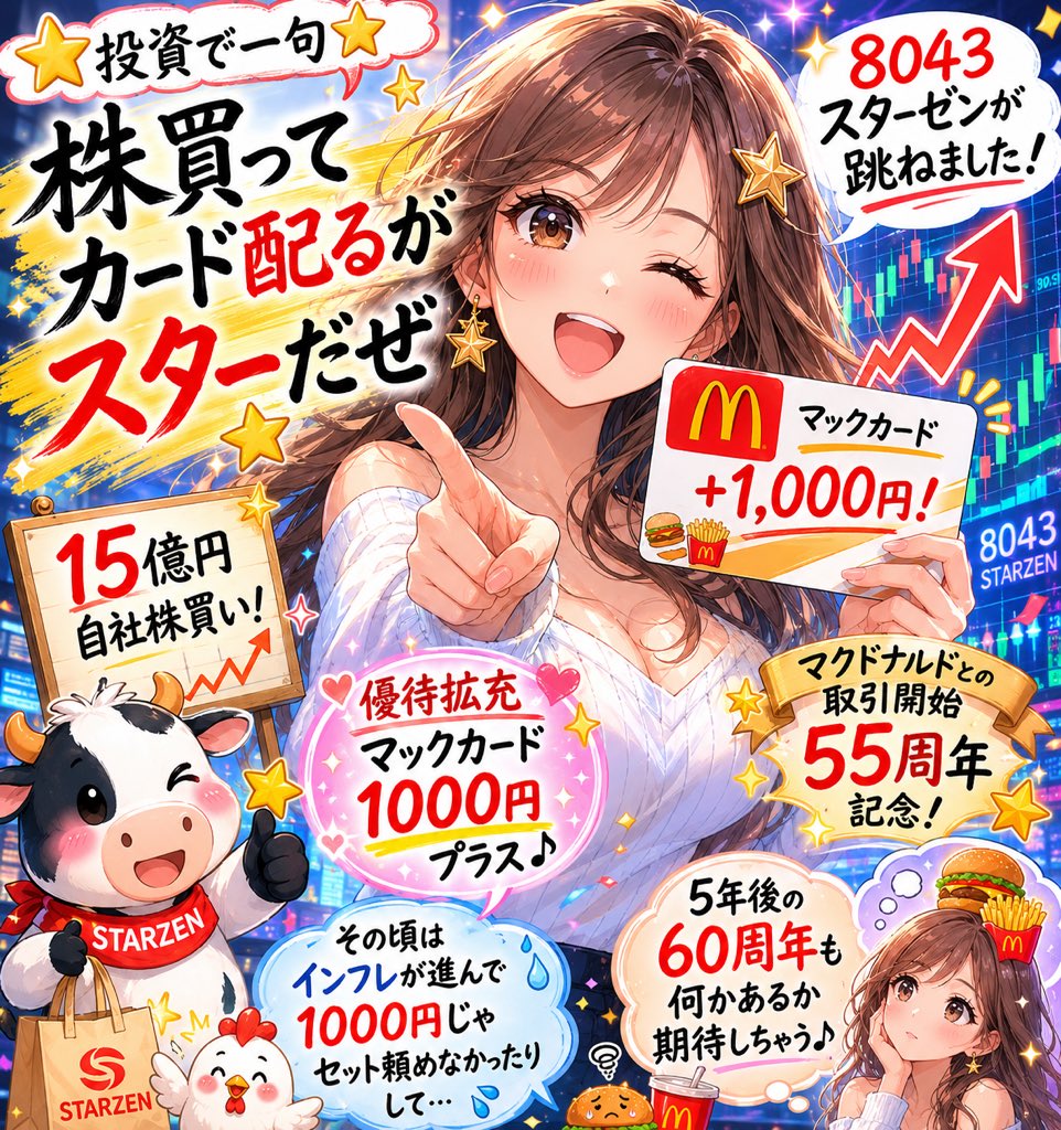 ⭐️投資で一句⭐️ 株買って カード配るが スターだぜ 8043スターゼン