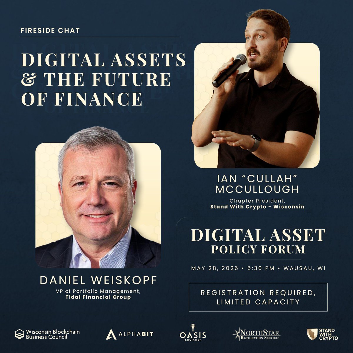 wi_bbc's tweet photo. FEATURED FIRESIDE CHAT: 

@ETFProfessor (of @tidalfg) × @cullahmusic (of @standwithcrypto)
“Digital Assets &amp; the Future of Finance”

Exploring blockchain, markets, digital asset infrastructure &amp; the evolving financial landscape.

📍 Wausau, WI
📅 May 28
⚠️ Limited capacity https://t.co/opBPlTXDUn