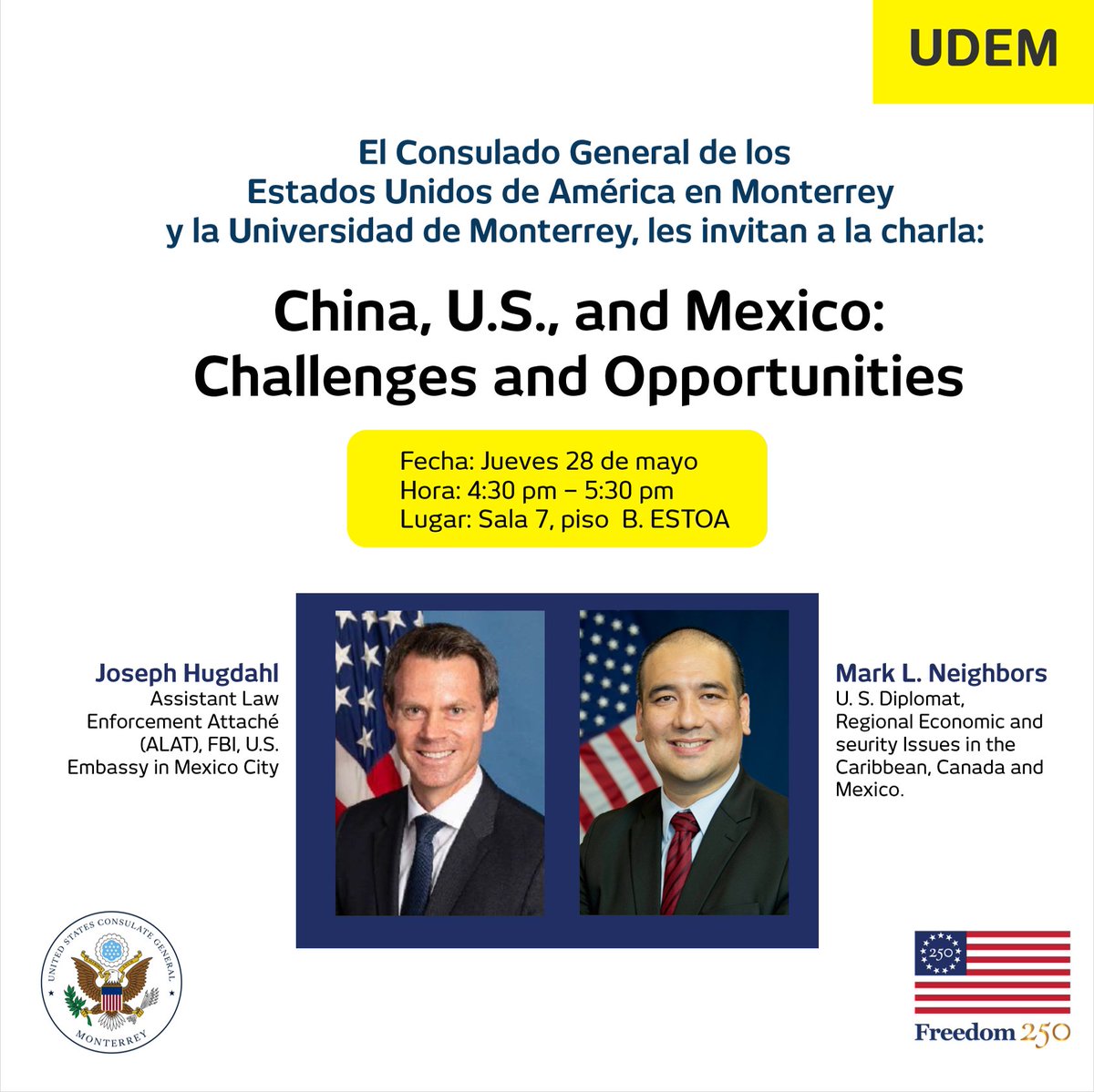 ExaUDEM's tweet photo. 🌎 “China, U.S., and Mexico: Challenges and Opportunities”

📅 28 mayo
🕟 4:30 pm
📍 ESTOA

👉 Registro: https://t.co/RRZAeTsI2k

#ExaUDEM https://t.co/O1DHDERu69