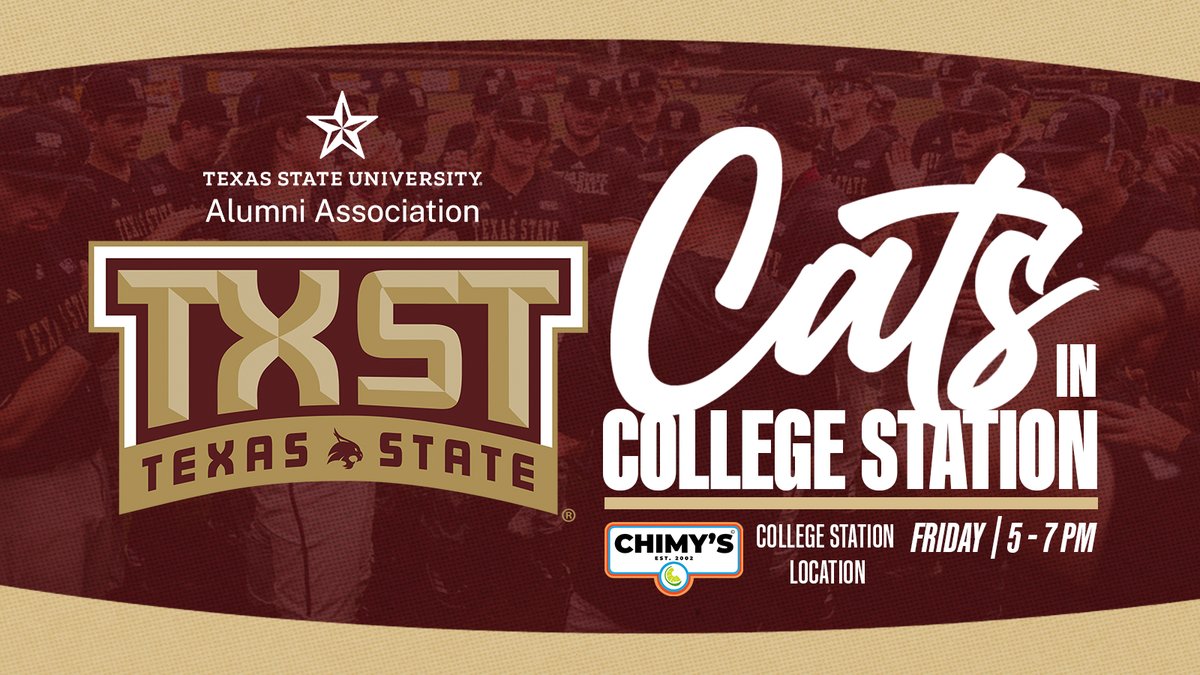 TxStateBobcats's tweet photo. CATS IN COLLEGE STATION 🐾

Join the Texas State Alumni Association &amp; TXST Athletics before the Bobcats take on USC in the College Station Regional ⚾

📍 Chimy’s College Station
🕔 Friday, May 29 | 5–7 PM

@txstatealumni https://t.co/GCgT112HWI