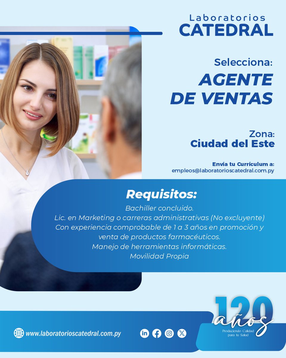 labcatedral's tweet photo. ¡Te estamos buscando!

¡Únete a nuestro equipo como Agente de Ventas en la zona de CDE!

Envía tu CV a empleos@laboratorioscatedral.com.py o súbelo a nuestra página web: https://t.co/5SnCH4ig5F

¡Te esperamos para crecer juntos! https://t.co/KrVIpnB85s