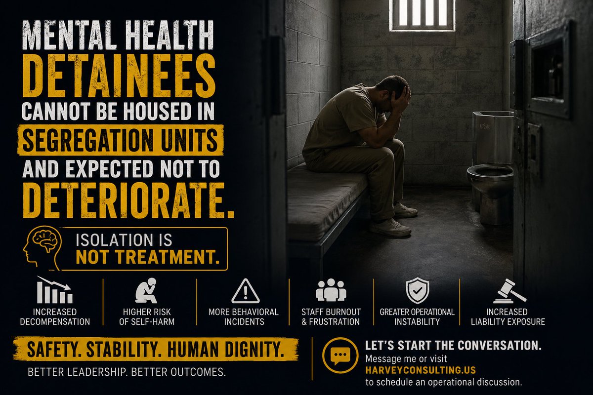 crayharv's tweet photo. Mental health detainees cannot be housed in segregation units and then expected not to deteriorate.

Isolation is not treatment.

Across corrections, many facilities are still using restrictive housing to manage mental health behaviors while expecting stability, compliance, and improved outcomes.

But the reality is often the opposite.

What follows is usually:
• increased decompensation
• higher risk of self-harm
• more behavioral incidents
• staff burnout and frustration
• greater operational instability
• increased liability exposure

You cannot place someone in an environment that removes human interaction, stimulation, and support… then act surprised when their condition worsens.

Modern jail leadership requires a different approach.

Safety and security matter.
But so does stabilization.

Facilities that are improving culture, reducing incidents, and supporting staff are learning that mental health management must be integrated into daily operations, housing decisions, supervision practices, and leadership strategy.

This is no longer just a healthcare issue.

It is an operational leadership issue.

At Harvey Consulting, we work with correctional leaders on operational culture, leadership development, behavioral health strategy, and healthier correctional environments that support both staff and detainee stability.

If your facility is struggling with mental health management, restrictive housing concerns, staff burnout, or operational inconsistency, let’s have a conversation.

📩 Message me directly or visit Harvey Consulting to schedule an operational discussion.

#Corrections #JailLeadership #MentalHealth #CorrectionalHealthcare #BehavioralHealth #Leadership #HarveyConsulting #ModernJailLeadership