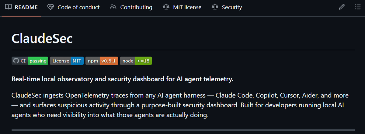 anugermanyvlogs's tweet photo. Real-time, local observability and security dashboard. ClaudeSec ingests OpenTelemetry traces from any AI agent (Claude Code, Copilot, Cursor, Aider &amp; more).

 Get visibility into what your local AI agents are really doing! 🛡️ https://t.co/TdVhKfNpfy