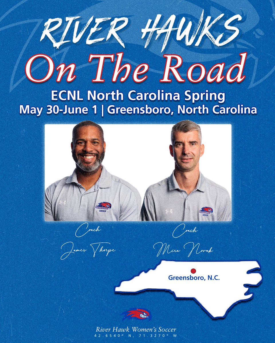 RiverHawkWSOC's tweet photo. Out in NC looking for the next River Hawks ⚽️

Coaches Mira Novak and James Thorpe will be on site this weekend in Greensboro, North Carolina for the ECNL North Carolina Spring.

#UnitedInBlue https://t.co/jZZg93njlI