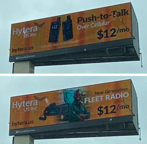 wave7jeff's tweet photo. Hytera billboards seen by Wave7 Research analyst in California on 5/13, as published in our new smartphone report. Hytera is pitching $12/mo pricing for "push-to-talk over cellular" and "new generation fleet radio." https://t.co/Kgd3ZsIaHG