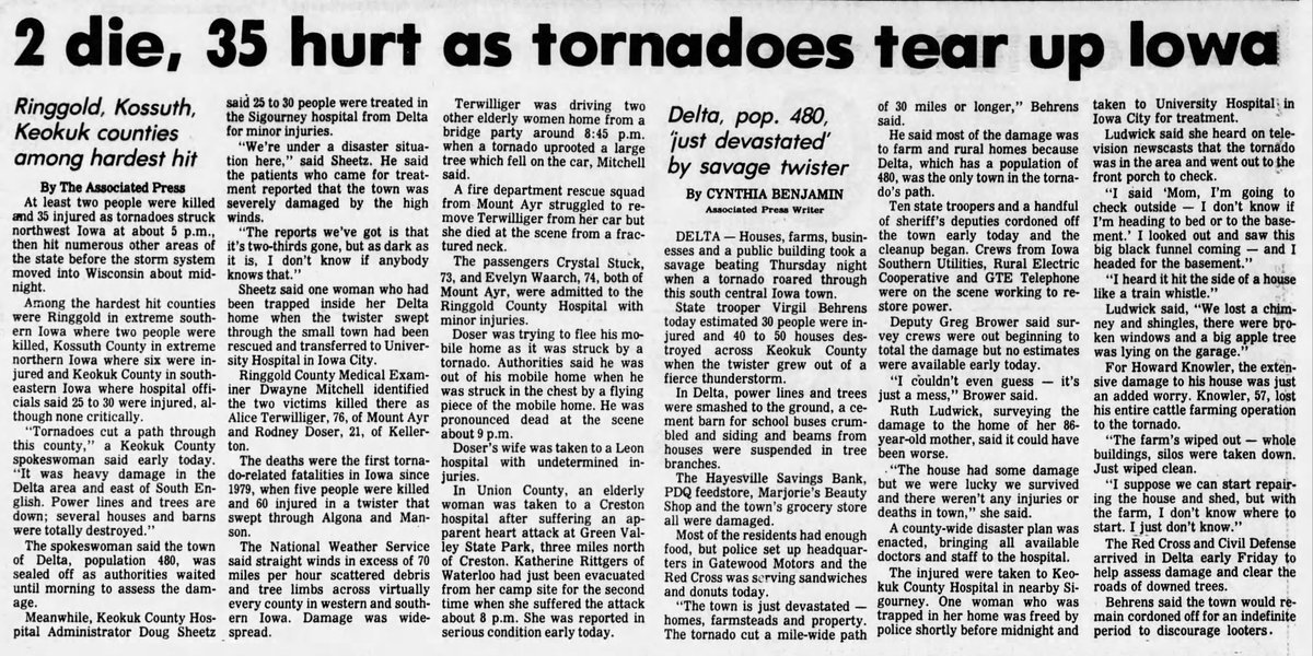 weather_history's tweet photo. June 7-8, 1984:

A substantial outbreak of 45 tornadoes slammed the Central Plains and Upper Midwest. The most intense twister was a nighttime F5 that devastated Barneveld, WI. In Iowa, a long-track F4 ripped through Delta. 13 people were killed and 319 were injured.

#wxhistory https://t.co/44vy9RTKfD