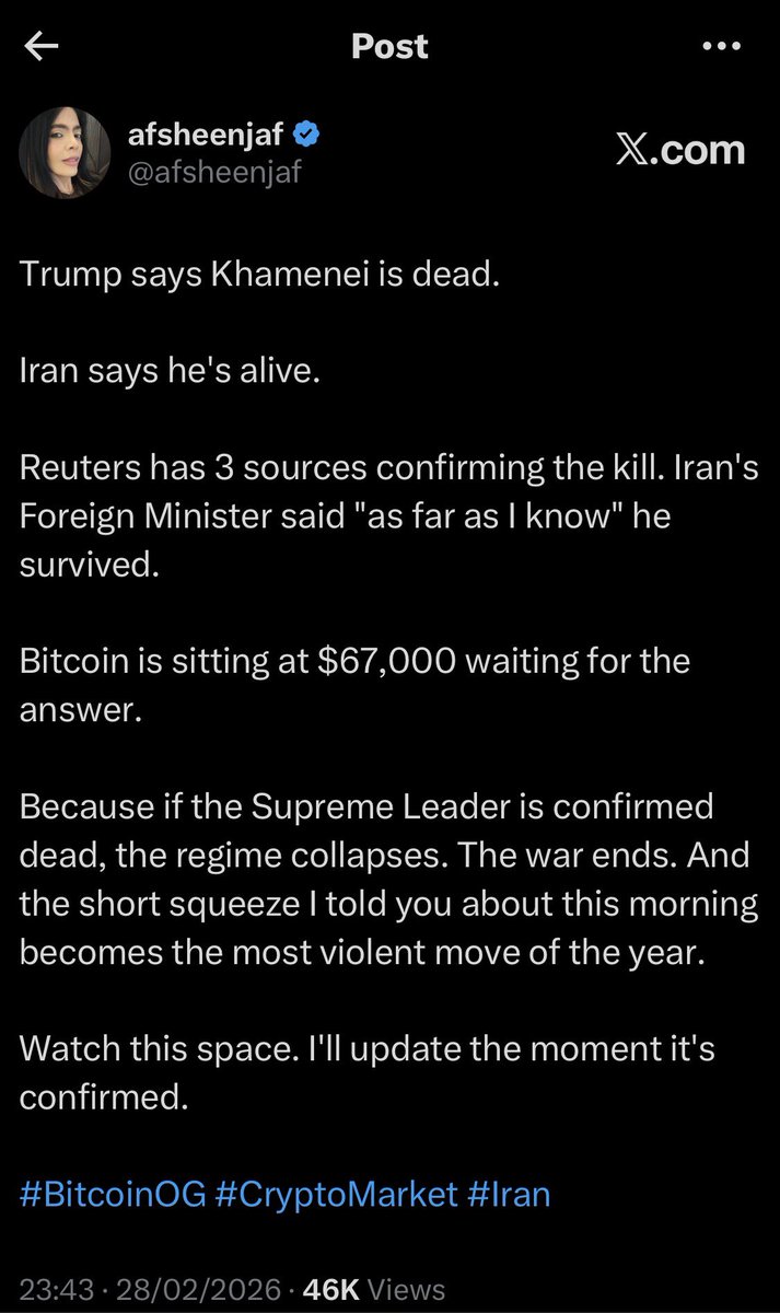 afsheenjaf's tweet photo. I’ve been right 3 times in 90 days.

Here’s the receipts.

10th February.
BTC had just crashed from $126K to $60K. Twitter had declared it over.

I looked past the noise. Posted publicly what the data was actually showing …$106M pulled off Binance into cold storage overnight. ETFs flipped +$227M in a single day at $70K. Whales had quietly accumulated 40,000 BTC during the panic. Institutions bought 160,000 BTC while retail sold 80,000.

The headlines said crash. The money said accumulation.

I said: smart money isn’t leaving. It’s loading.

28th February.
BTC still at $67K. Five consecutive red months. Maximum fear.

I looked at funding rates and open interest. The shorts were dangerously stacked. Posted my read publicly — a squeeze was forming.

BTC hit $74K inside three weeks.

6th March.
Nobody was talking about the Iran exit. Only escalation.

I ran the burn rate numbers. $250–370M a day. UAE freezing assets. Shadow banking collapsing. Posted the full breakdown - this war ends within 90 days. And when it does, the fear premium leaves the market entirely.

Still playing out. Watch this space.

I don’t predict. I read what the system is already telling me.